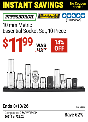 Harbor Freight Coupons, HF Coupons, 20% off - PITTSBURGH 10mm Metric Essential Socket Set for $9.99