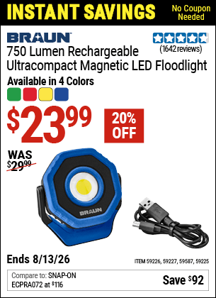 Harbor Freight Coupons, HF Coupons, 20% off - BRAUN 750 Lumen LED Ultracompact Magnetic Rechargeable Floodlight, Blue for $23.99