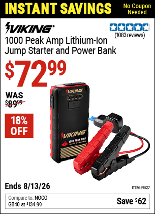 Harbor Freight Coupons, HF Coupons, 20% off - VIKING 1000 Peak Amp Midsize Lithium-Ion Jump Starter and Power Bank for $79.99