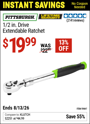 Harbor Freight Coupons, HF Coupons, 20% off - PITTSBURGH 1/2 in. Drive Extendable Ratchet for $14.99