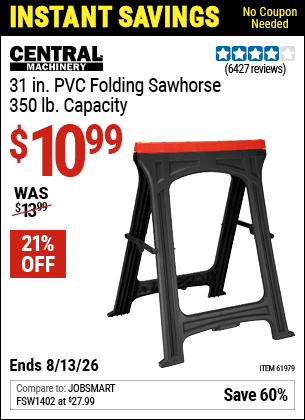 Harbor Freight Coupons, HF Coupons, 20% off - 350 Lb. Capacity Folding Sawhorse