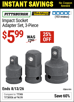 Harbor Freight Coupons, HF Coupons, 20% off - 3 Piece Impact Socket Adaptor Set