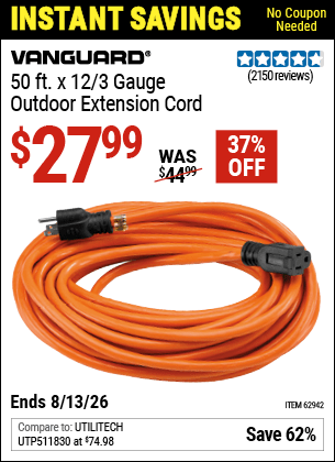 Harbor Freight Coupons, HF Coupons, 20% off - 12 Gauge X 50 Ft. Outdoor Extension Cord