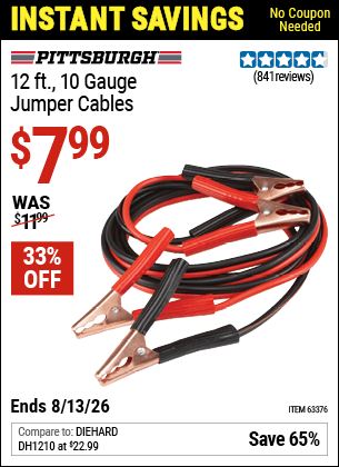Harbor Freight Coupons, HF Coupons, 20% off - 12 Ft., 10 Gauge Booster Cables