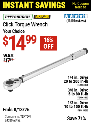 Harbor Freight Coupons, HF Coupons, 20% off - Click-type Torque Wrenches