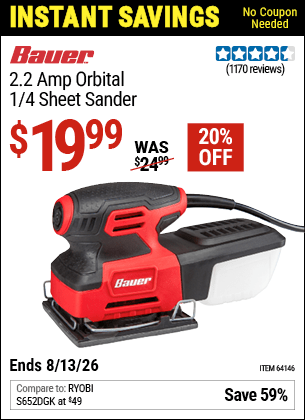 Harbor Freight Coupons, HF Coupons, 20% off - 2.2 Amp 1/4 Sheet Heavy Duty Palm Finishing Sander