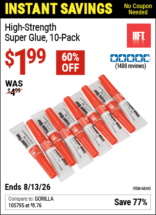 Harbor Freight Coupons, HF Coupons, 20% off - High Strength Super Glue Pack Of 10