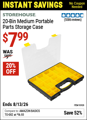 Harbor Freight Coupons, HF Coupons, 20% off - 20 Bin Portable Parts Storage Case