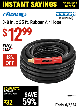 Harbor Freight Coupons, HF Coupons, 20% off - MERLIN 3/8 in. x 25 ft. Rubber Air Hose for $11.99