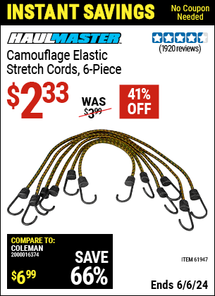 Harbor Freight Coupons, HF Coupons, 20% off - 6 Piece Camouflage Elastic Stretch Cords