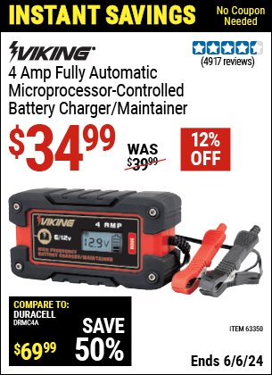 Harbor Freight Coupons, HF Coupons, 20% off - 4 Amp Fully Automatic Microprocessor Controlled Battery Charger/maintainer