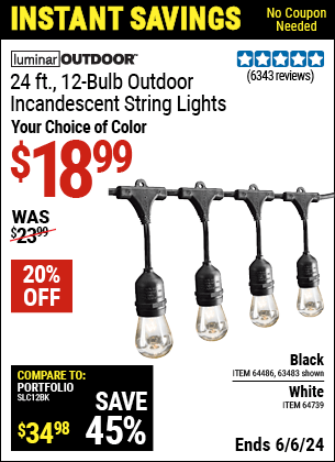 Harbor Freight Coupons, HF Coupons, 20% off - 24 Ft., 18 Bulb, 12 Socket Outdoor Linkable String Lights