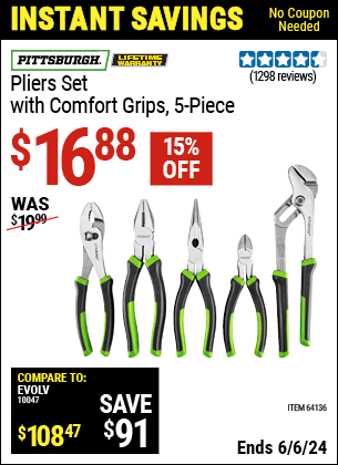 Harbor Freight Coupons, HF Coupons, 20% off - 5 Piece Pliers Set With Comfort Grips