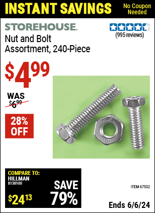 Harbor Freight Coupons, HF Coupons, 20% off - 240 Piece Nut And Bolt Assortment