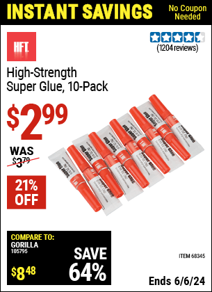 Harbor Freight Coupons, HF Coupons, 20% off - High Strength Super Glue Pack Of 10