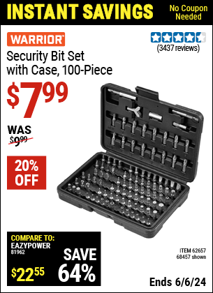 Harbor Freight Coupons, HF Coupons, 20% off - 100 Piece Security Bit Set