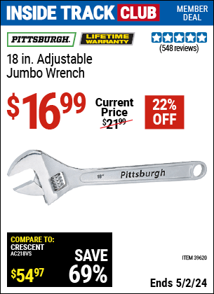 Harbor Freight Coupons, HF Coupons, 20% off - PITTSBURGH 18 in. Adjustable Jumbo Wrench for $17.99