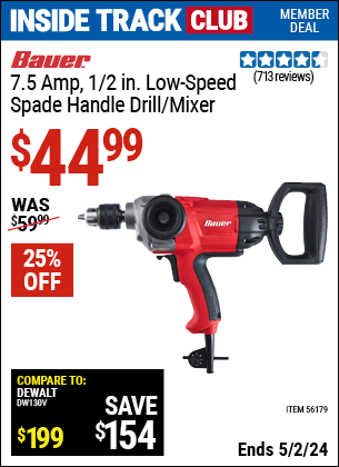 Harbor Freight Coupons, HF Coupons, 20% off - BAUER 1/2 in. Heavy Duty Low Speed Spade Handle Drill/Mixer