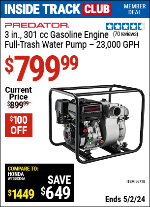 Harbor Freight Coupons, HF Coupons, 20% off - 3 in.  301cc Gasoline Engine Full-Trash Water Pump - 23,000 GPH