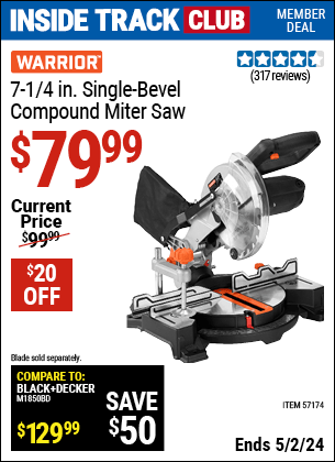 Harbor Freight Coupons, HF Coupons, 20% off - WARRIOR 7-1/4 in. Compound Single Bevel Miter Saw for $69.99