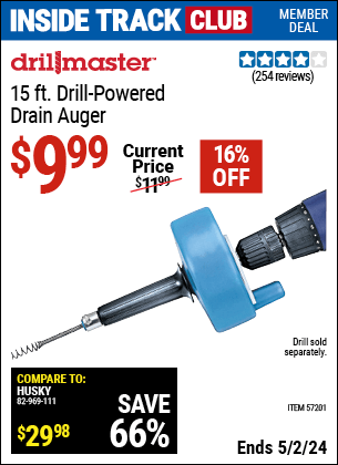 Harbor Freight Coupons, HF Coupons, 20% off - DRILL MASTER 15 ft. Drill-Powered Drain Auger for $9.99