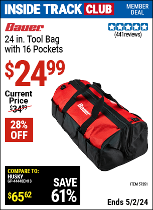 Harbor Freight Coupons, HF Coupons, 20% off - BAUER 24 in. Tool Bag with 16 Pockets for $24.99