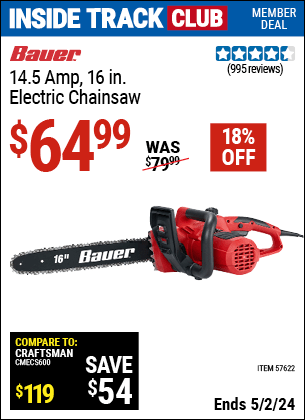 Harbor Freight Coupons, HF Coupons, 20% off - BAUER Corded 14.5 Amp, 16 in. Electric Chainsaw for $64.99