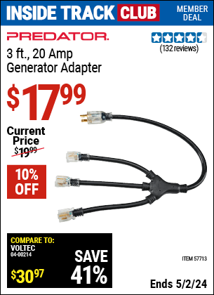 Harbor Freight Coupons, HF Coupons, 20% off - PREDATOR 3 ft. 20 Amp Generator Adapter for $16.99