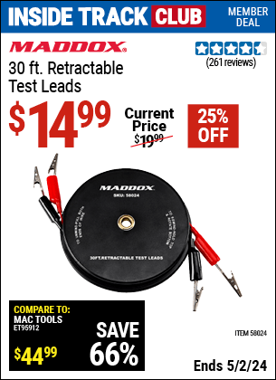 Harbor Freight Coupons, HF Coupons, 20% off - MADDOX 30 ft. Retractable Test Leads for $14.99