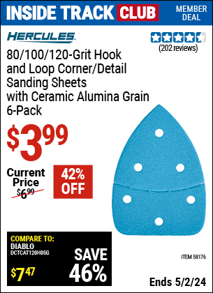 Harbor Freight Coupons, HF Coupons, 20% off - HERCULES 80/100/120 Grit Hook and Loop Corner/Detail Sanding Sheets for $3.99