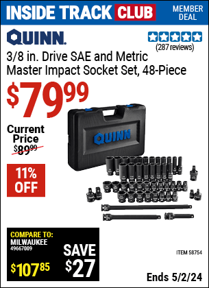 Harbor Freight Coupons, HF Coupons, 20% off - QUINN 3/8 in. Drive SAE & Metric Master Impact Socket Set, 48 Piece for $79.99