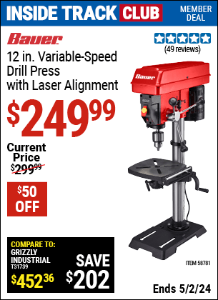 Harbor Freight Coupons, HF Coupons, 20% off - BAUER 12 in. Variable-Speed Drill Press with Laser Alignment for $249.99