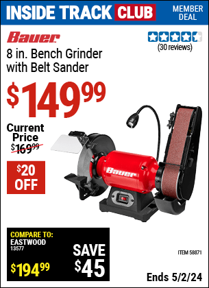 Harbor Freight Coupons, HF Coupons, 20% off - BAUER 8 in. Bench Grinder with Belt Sander 