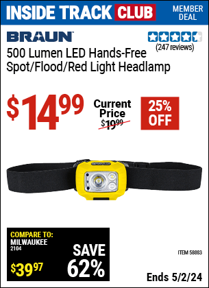 Harbor Freight Coupons, HF Coupons, 20% off - BRAUN 500 Lumen LED Hands-Free Spot/Flood/Red Light Headlamp for $16.99