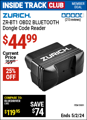 Harbor Freight Coupons, HF Coupons, 20% off - ZURICH ZRBT1 OBD2 BLUETOOTH Code Reader for $44.99