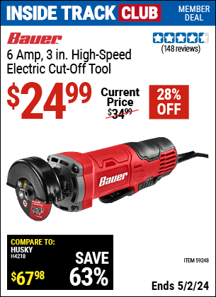 Harbor Freight Coupons, HF Coupons, 20% off - BAUER 6 Amp, 3 in. High Speed Electric Cut-Off Tool for $19.99