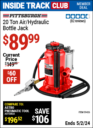 Harbor Freight Coupons, HF Coupons, 20% off - PITTSBURGH 20 ton Air/Hydraulic Bottle Jack for $99.99