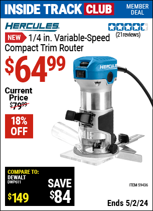 Harbor Freight Coupons, HF Coupons, 20% off - HERCULES 1/4 in. Variable-Speed Compact Trim Router for $64.99