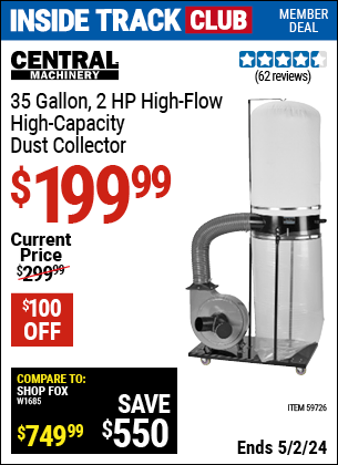 Harbor Freight Coupons, HF Coupons, 20% off - CENTRAL MACHINERY 35 Gallon, 2 HP High-Flow High-Capacity Dust Collector for $199.99