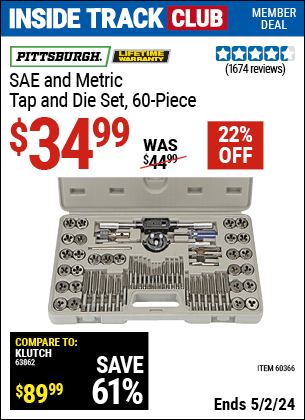 Harbor Freight Coupons, HF Coupons, 20% off - 60 Piece Sae And Metric Tap And Die Set