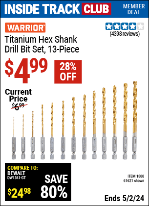 Harbor Freight Coupons, HF Coupons, 20% off - 13 Piece Titanium Nitride Coated High Speed Steel Drill Bits