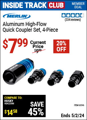 Harbor Freight Coupons, HF Coupons, 20% off - Merlin 4 Piece High Flow Aluminium Coupler Connector Kit