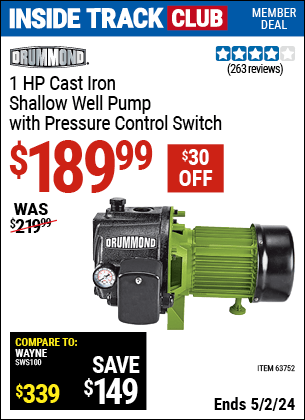 Harbor Freight Coupons, HF Coupons, 20% off - DRUMMOND 1 HP Cast Iron Shallow Well Pump with Pressure Control Switch for $189.99