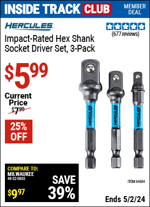 Harbor Freight Coupons, HF Coupons, 20% off - Hercules 3 Piece Impact Rated Hex Drill Socket Driver Set