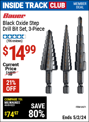 Harbor Freight Coupons, HF Coupons, 20% off - 3 Piece M2 Steel Black Oxide Step Bits