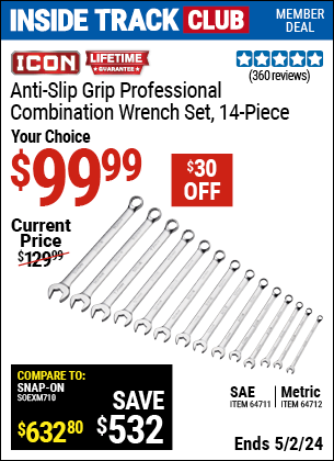 Harbor Freight Coupons, HF Coupons, 20% off - ICON 14 Pc Metric Professional Combination Wrench Set with Anti-Slip Grip for $99.99