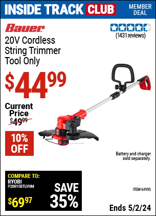 Harbor Freight Coupons, HF Coupons, 20% off - BAUER 20V Hypermax Lithium Cordless String Trimmer for $39.99