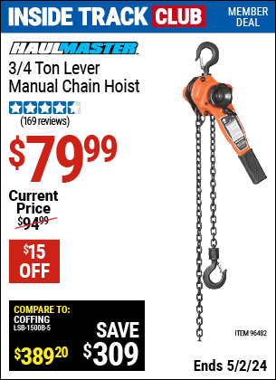 Harbor Freight Coupons, HF Coupons, 20% off - 3/4 ton Lever Manual Chain Hoist