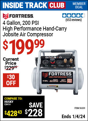 Harbor Freight Coupons, HF Coupons, 20% off - Fortress 4 Gallon, 1.5 Hp, 200 Psi Oil-free Professional Air Compressor