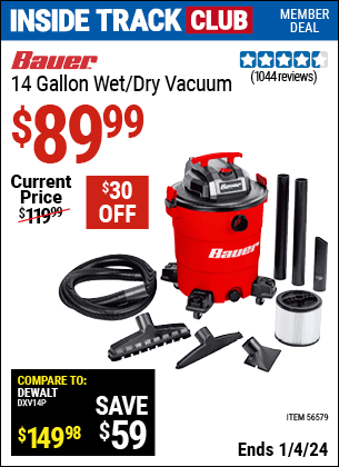Harbor Freight Coupons, HF Coupons, 20% off - BAUER 14 Gallon Wet/Dry Vacuum for $89.99